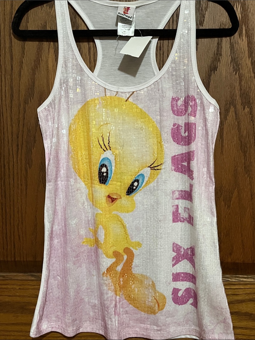 Tweety Graphic Sequin Tank Top - White & Pink